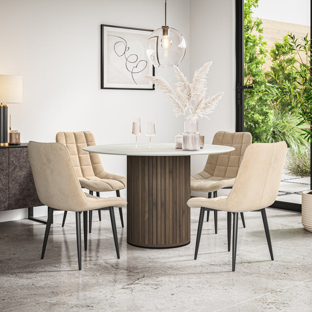 Arlo White Marble Tabletop W Walnut Legs + Nova Velvet Dining Chair Set