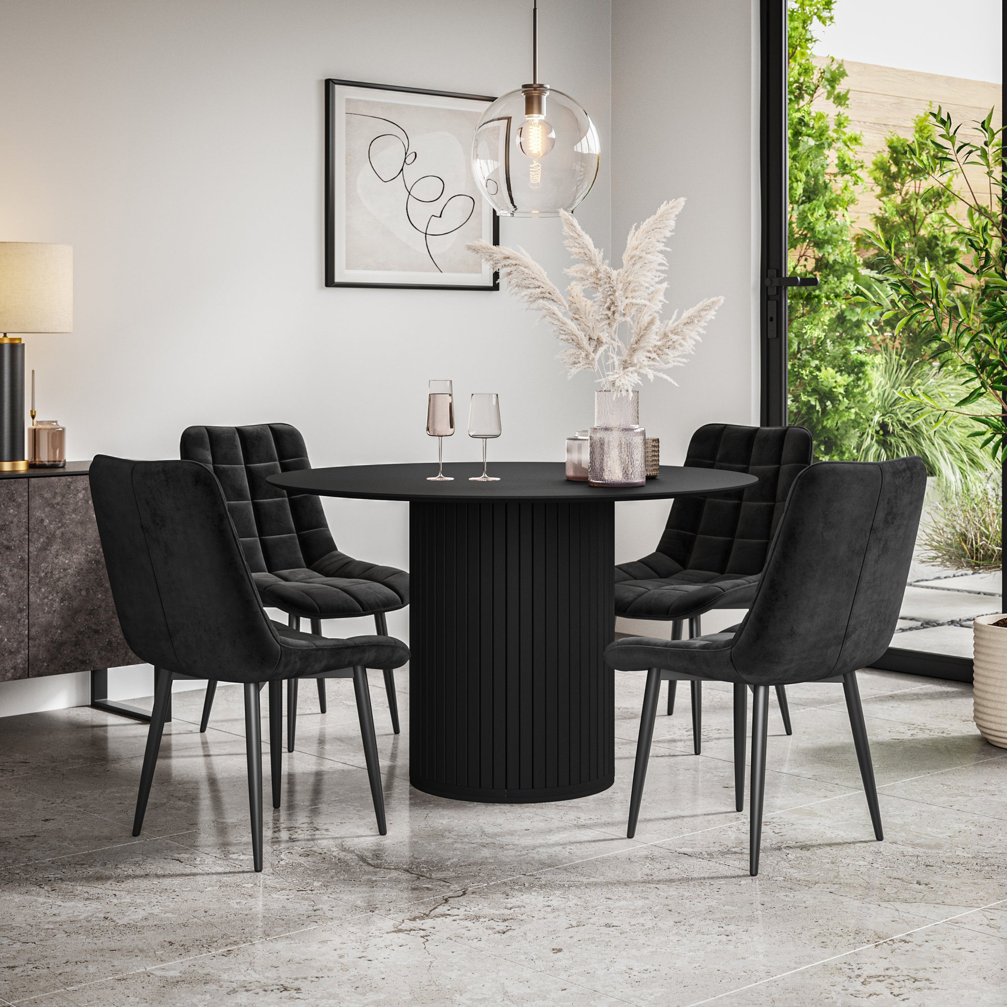 Arlo Black Tabletop W Black Legs + Nova Velvet Dining Chair Set