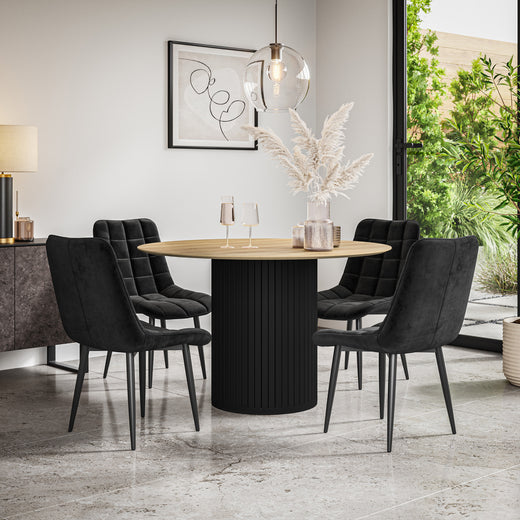 Arlo Oak Tabletop W Black Legs + Nova Velvet Dining Chair Set