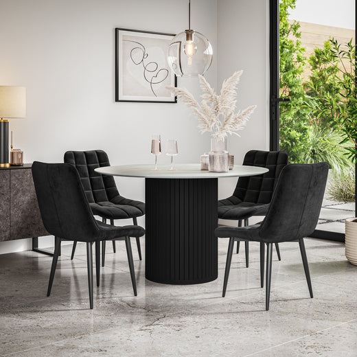Arlo White Marble Tabletop W Black Legs + Nova Velvet Dining Chair Set