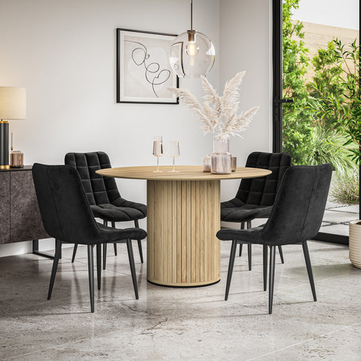Arlo Oak Tabletop W Oak Legs + Nova Velvet Dining Chair Set