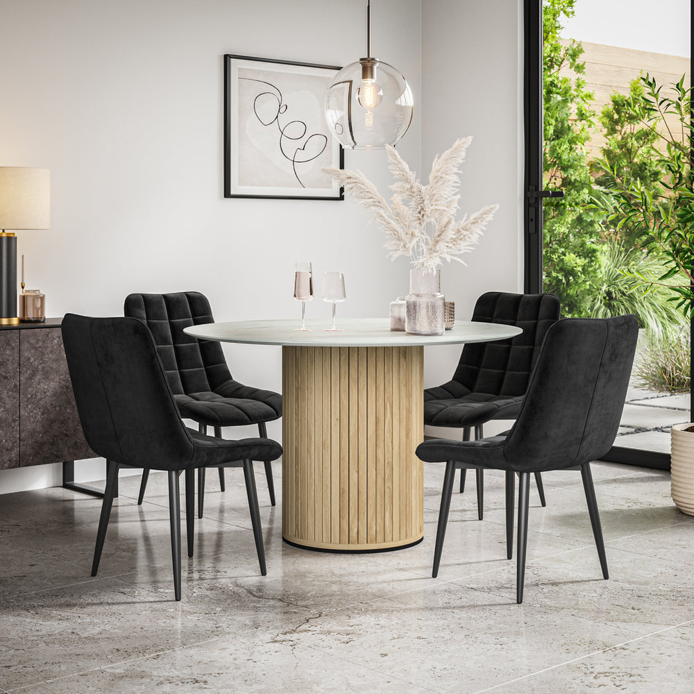 Arlo White Marble Tabletop W Oak Legs + Nova Velvet Dining Chair Set