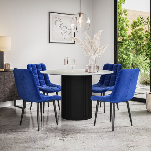 Arlo White Marble Tabletop W Black Legs + Nova Velvet Dining Chair Set