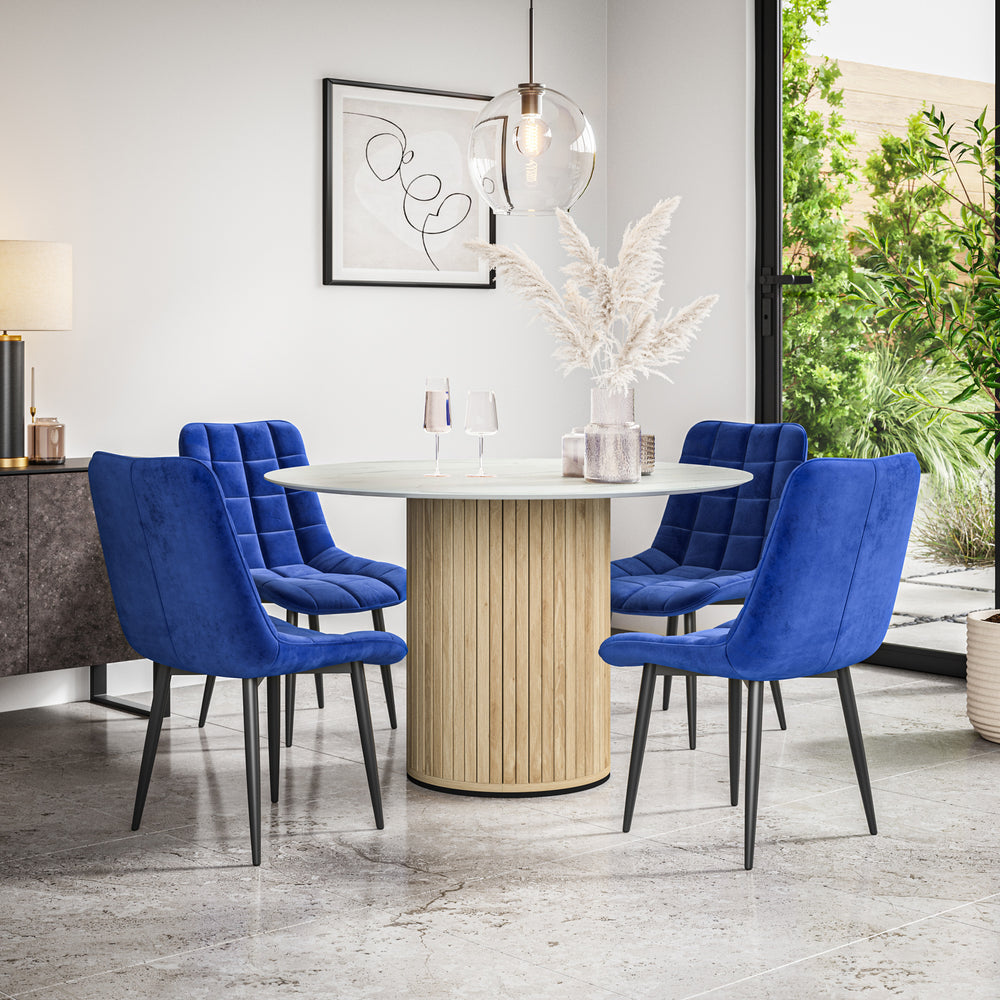 Arlo White Marble Tabletop W Oak Legs + Nova Velvet Dining Chair Set