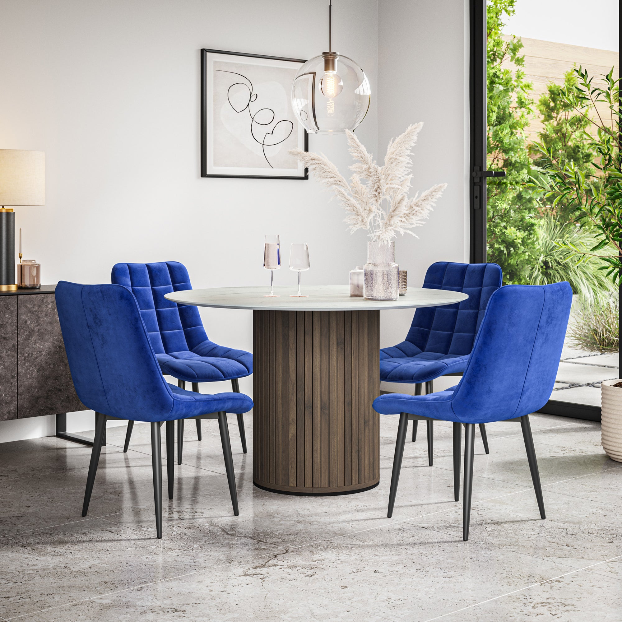 Arlo White Marble Tabletop W Walnut Legs + Nova Velvet Dining Chair Set