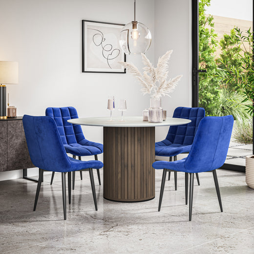 Arlo White Marble Tabletop W Walnut Legs + Nova Velvet Dining Chair Set