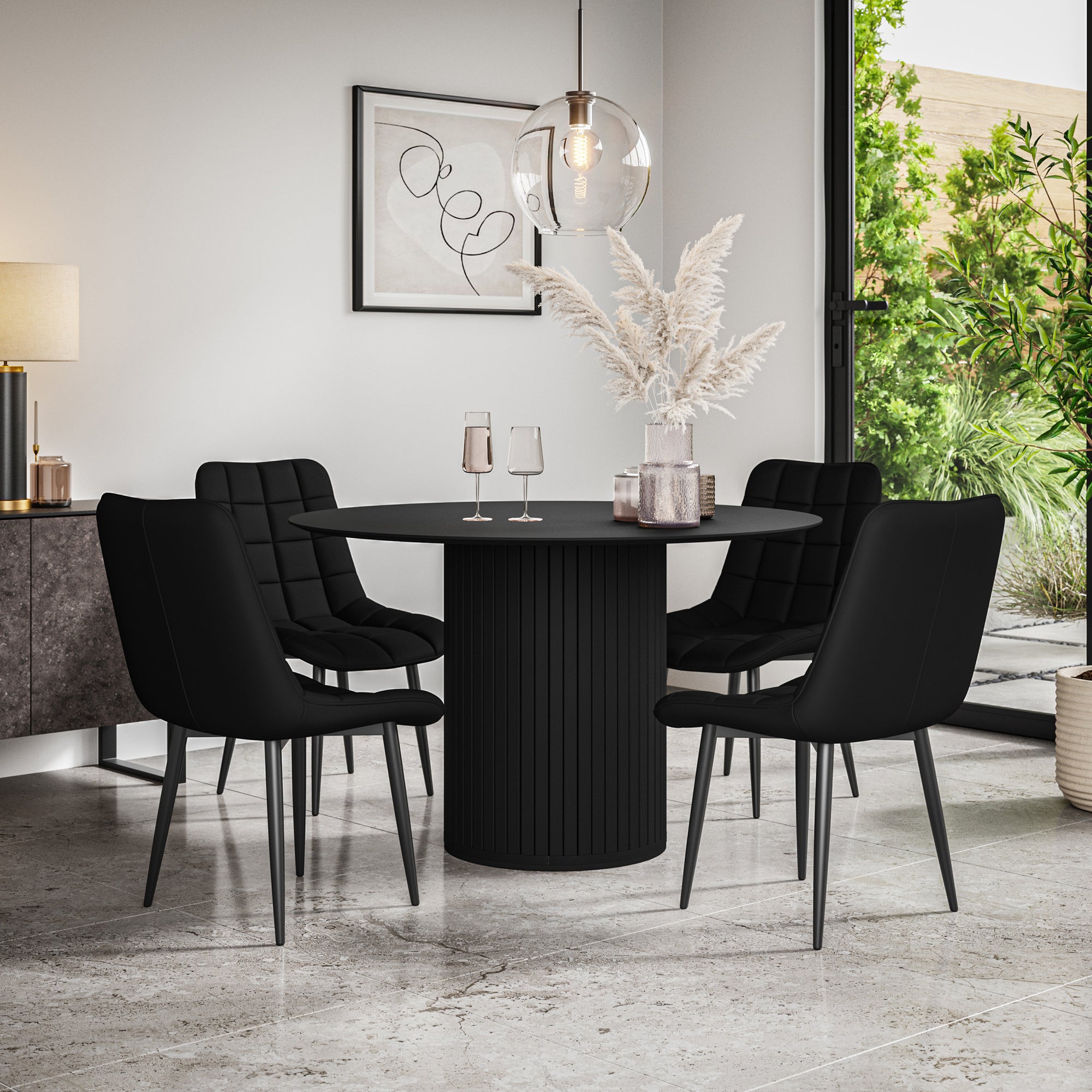 Arlo Black Tabletop W Black Legs + Nova Faux Leather Dining Chair Set