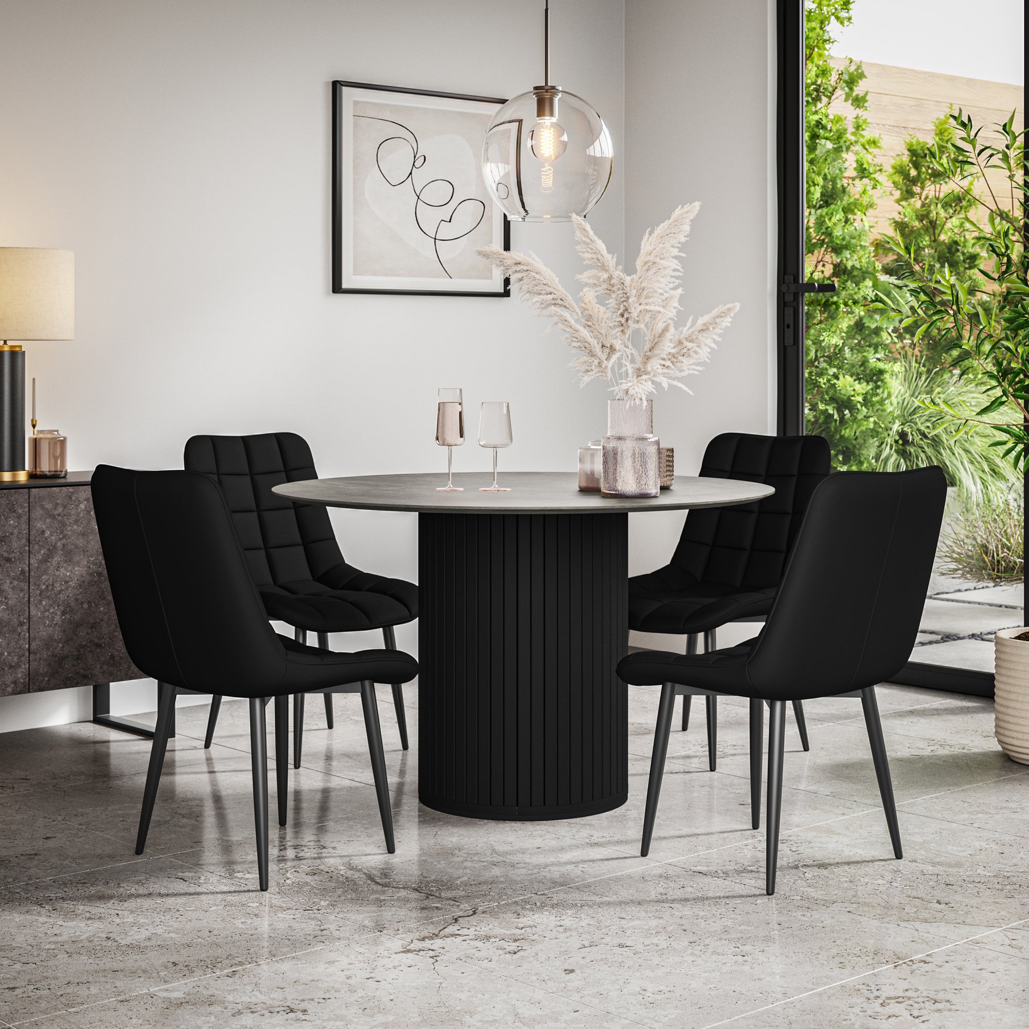 Arlo Concrete Tabletop W Black Legs + Nova Faux Leather Dining Chair Set