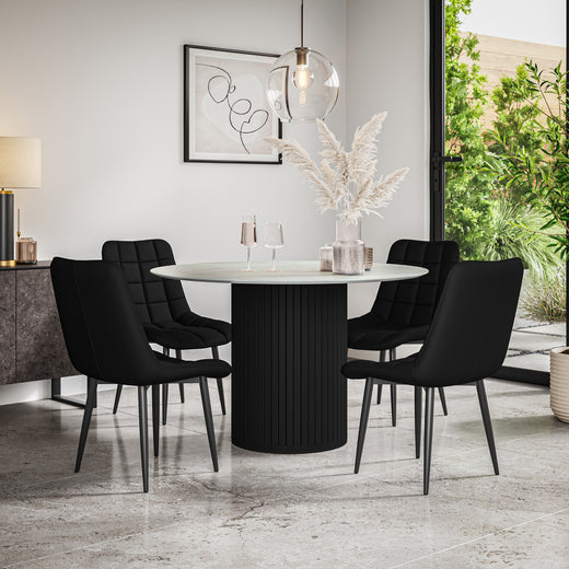 Arlo White Marble Tabletop W Black Legs + Nova Faux Leather Dining Chair Set
