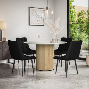 Arlo White Marble Tabletop W Oak Legs + Nova Faux Leather Dining Chair Set