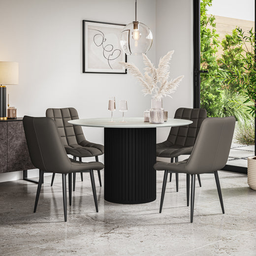 Arlo White Marble Tabletop W Black Legs + Nova Faux Leather Dining Chair Set
