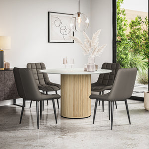 Arlo White Marble Tabletop W Oak Legs + Nova Faux Leather Dining Chair Set