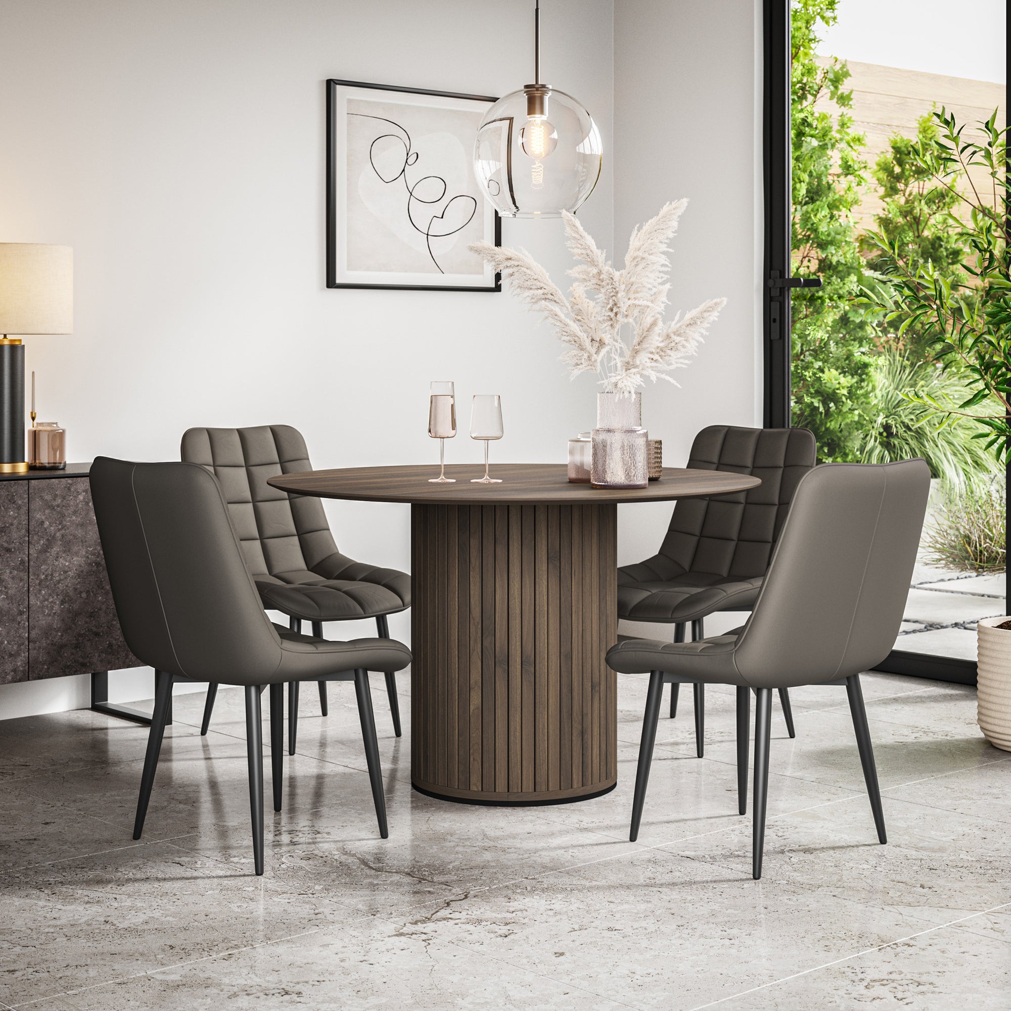 Arlo Walnut Tabletop W Walnut Legs + Nova Faux Leather Dining Chair Set