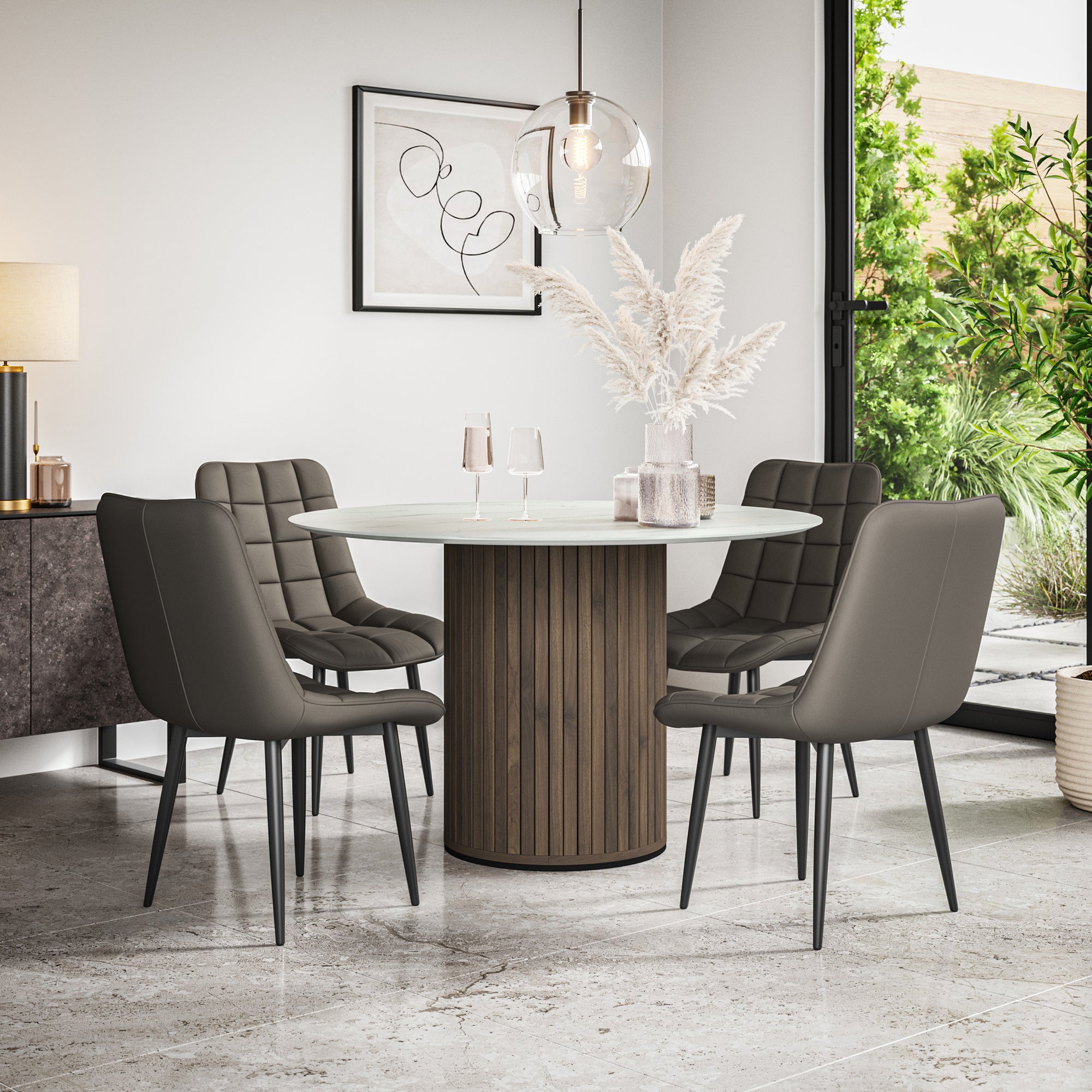 Arlo White Marble Tabletop W Walnut Legs + Nova Faux Leather Dining Chair Set