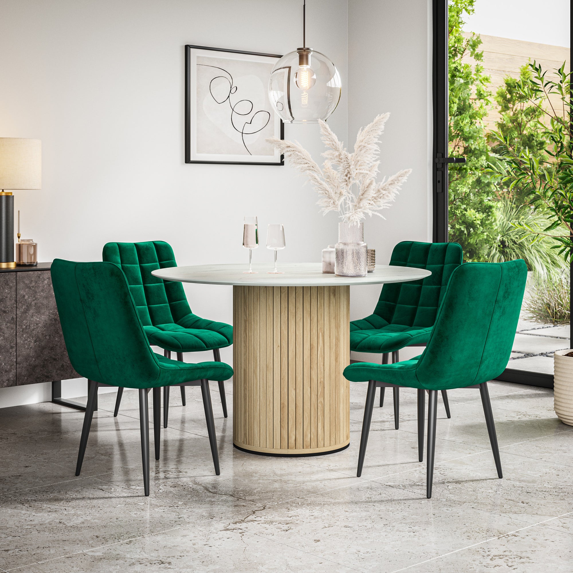 Arlo White Marble Tabletop W Oak Legs + Nova Velvet Dining Chair Set