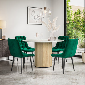 Arlo White Marble Tabletop W Oak Legs + Nova Velvet Dining Chair Set