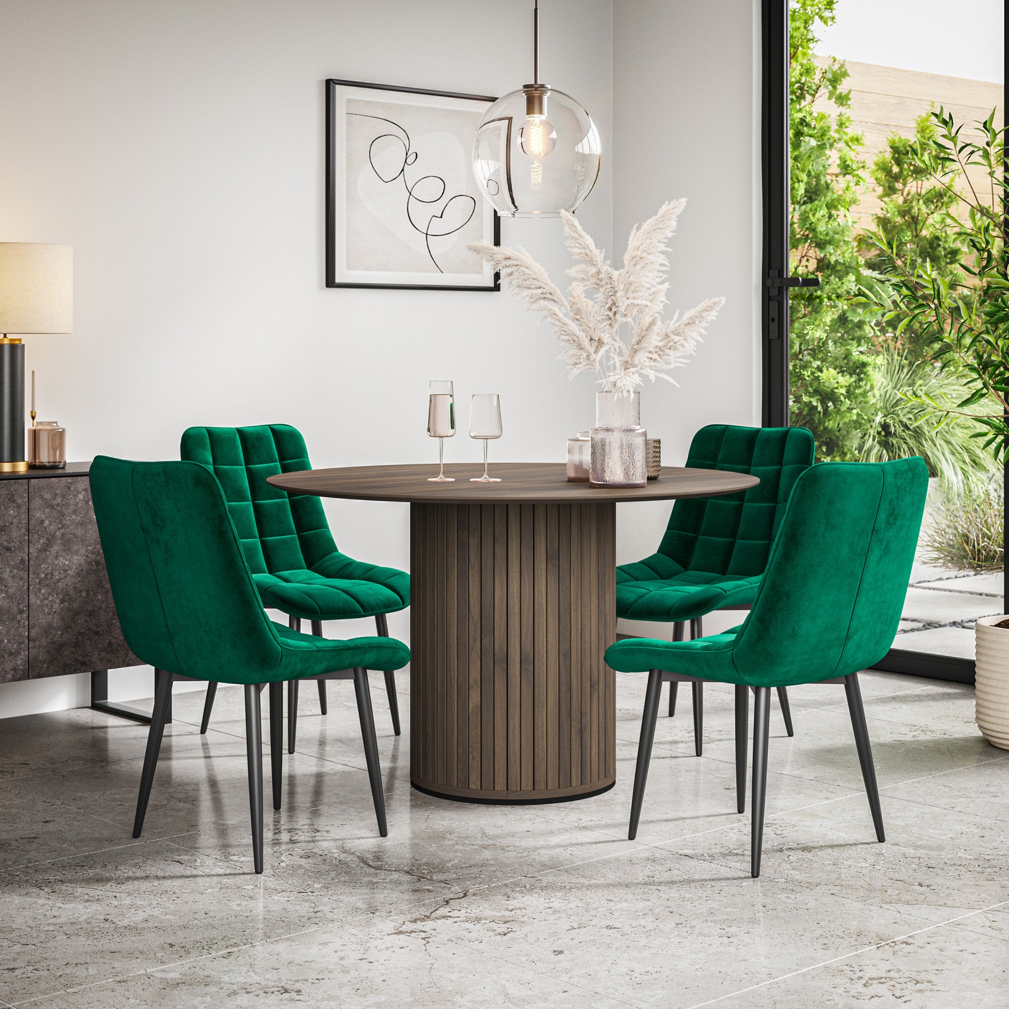 Arlo Walnut Tabletop W Walnut Legs + Nova Velvet Dining Chair Set