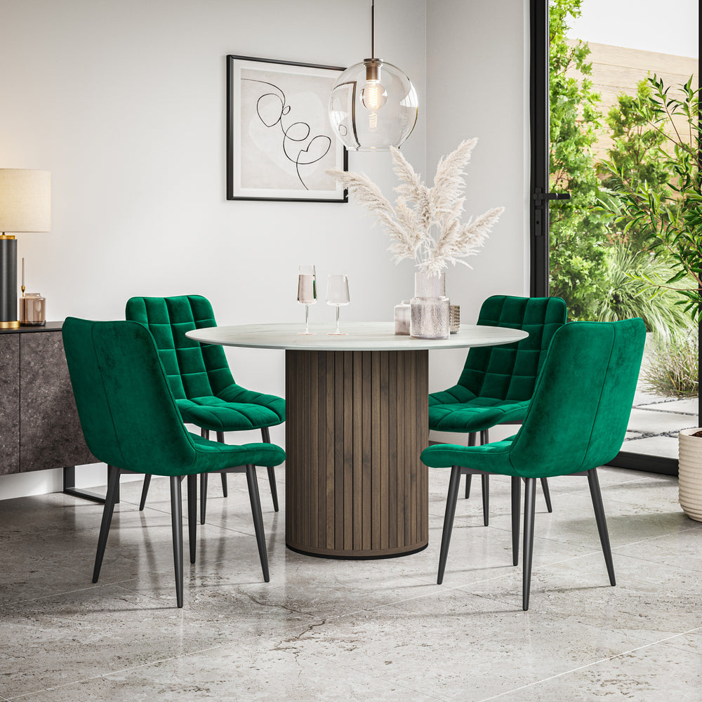 Arlo White Marble Tabletop W Walnut Legs + Nova Velvet Dining Chair Set