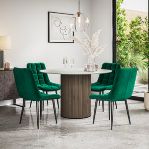 Arlo White Marble Tabletop W Walnut Legs + Nova Velvet Dining Chair Set
