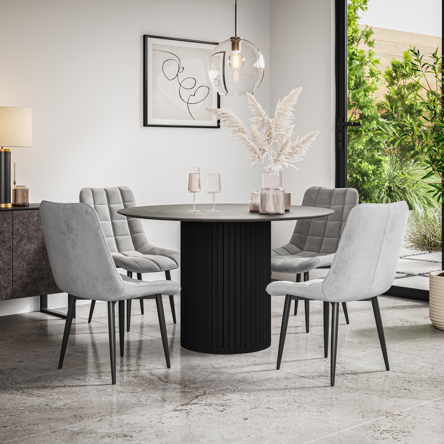 Arlo Concrete Tabletop W Black Legs + Nova Velvet Dining Chair Set