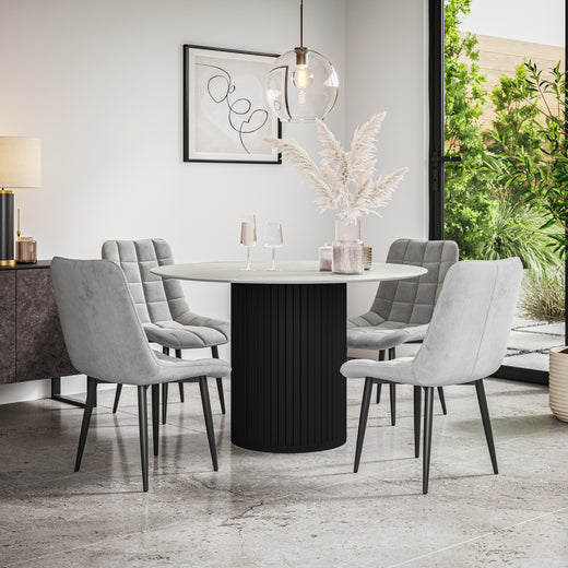 Arlo White Marble Tabletop W Black Legs + Nova Velvet Dining Chair Set