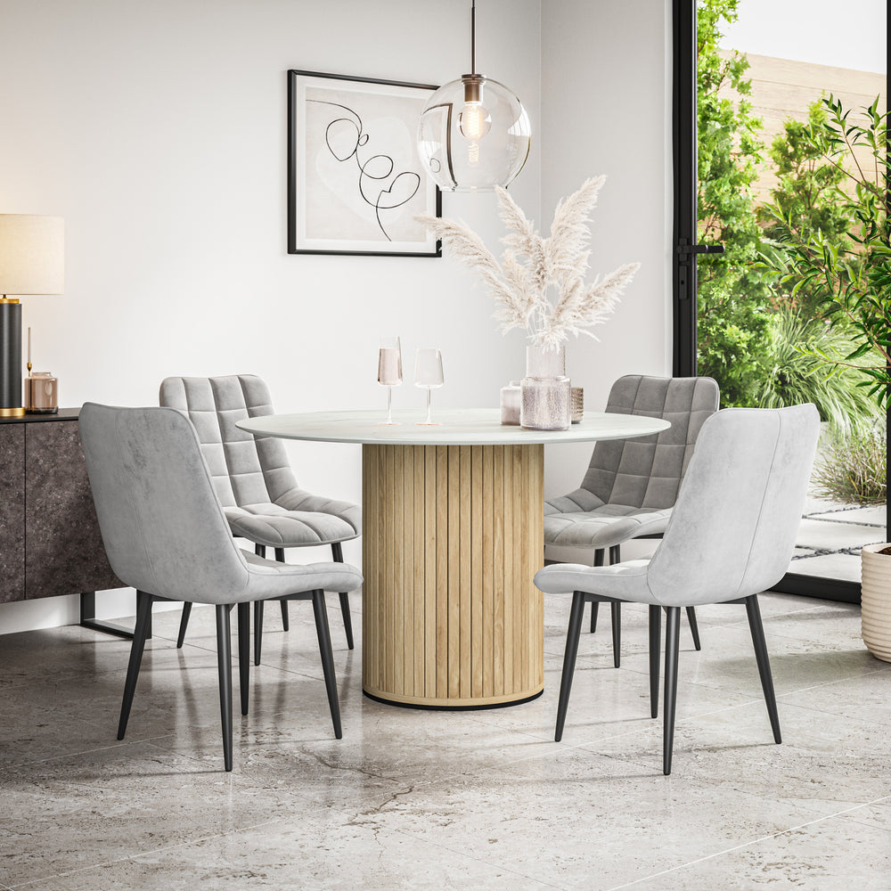 Arlo White Marble Tabletop W Oak Legs + Nova Velvet Dining Chair Set