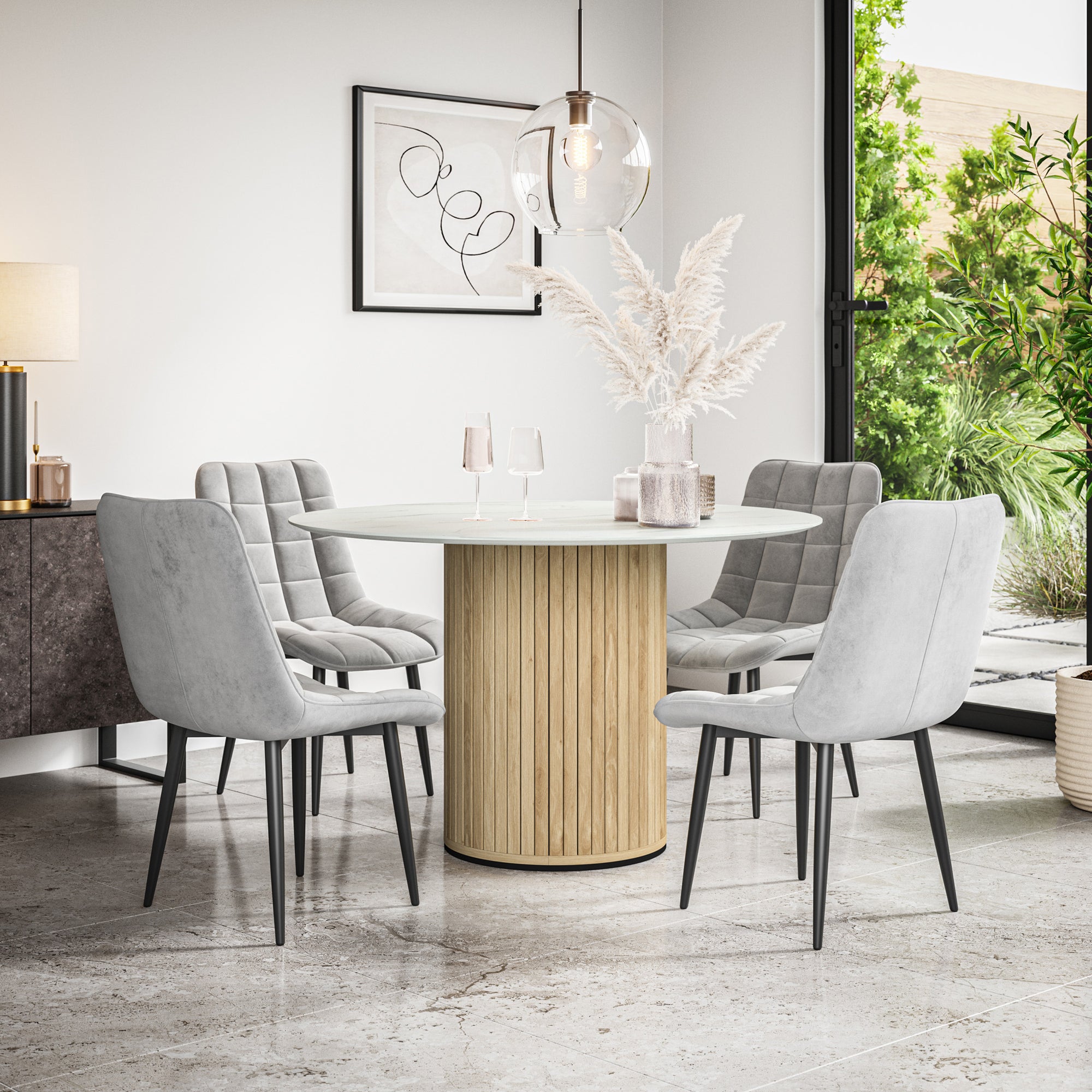 Arlo White Marble Tabletop W Oak Legs + Nova Velvet Dining Chair Set