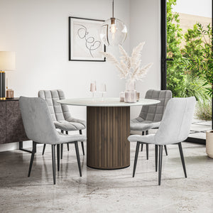 Arlo White Marble Tabletop W Walnut Legs + Nova Velvet Dining Chair Set