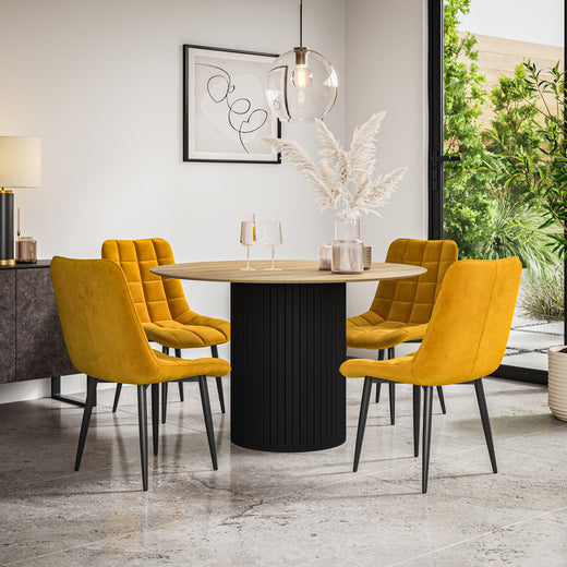 Arlo Oak Tabletop W Black Legs + Nova Velvet Dining Chair Set