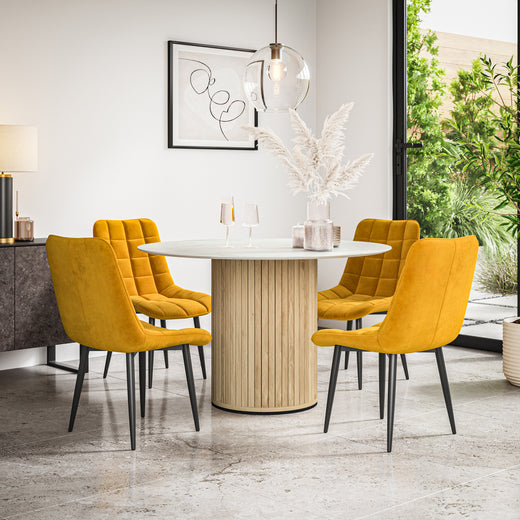 Arlo White Marble Tabletop W Oak Legs + Nova Velvet Dining Chair Set