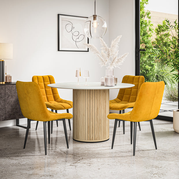 Arlo White Marble Tabletop W Oak Legs + Nova Velvet Dining Chair Set