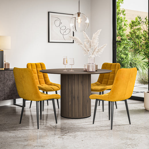 Arlo Walnut Tabletop W Walnut Legs + Nova Velvet Dining Chair Set