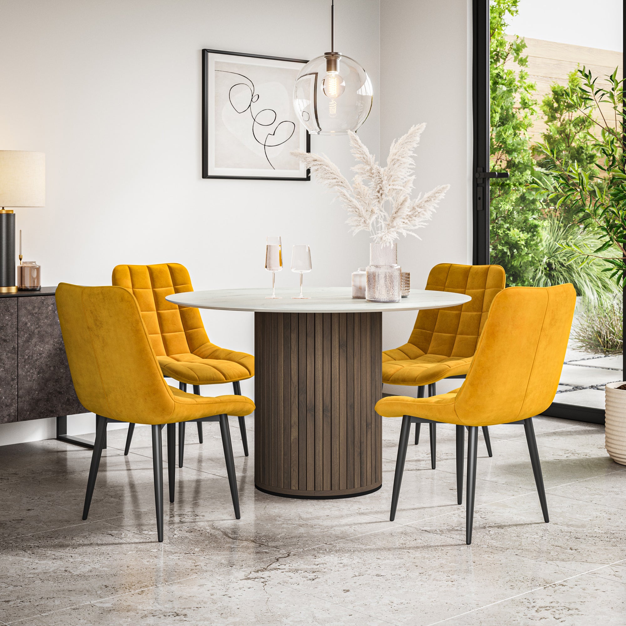 Arlo White Marble Tabletop W Walnut Legs + Nova Velvet Dining Chair Set