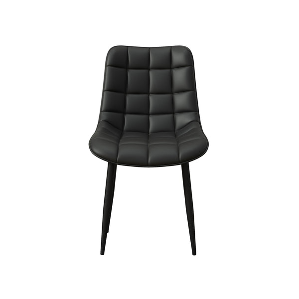 Black tufted leather chair with black legs, front view, on a plain white background.