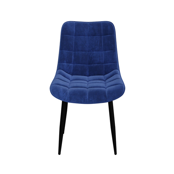 Blue velvet chair with black metal legs, quilted cushioned seat and backrest, set against a plain white background.