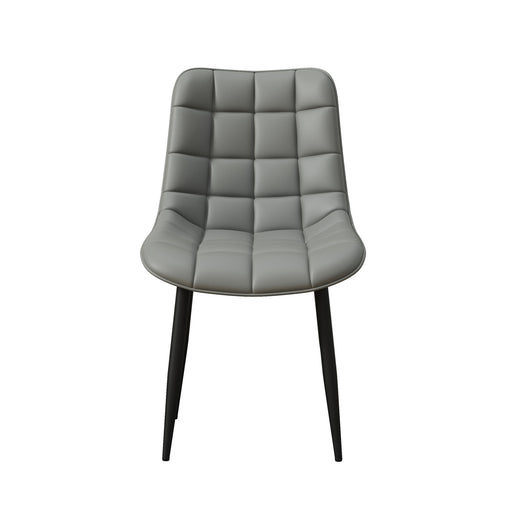 Grey tufted leather chair with black legs, front view, on a plain white background.