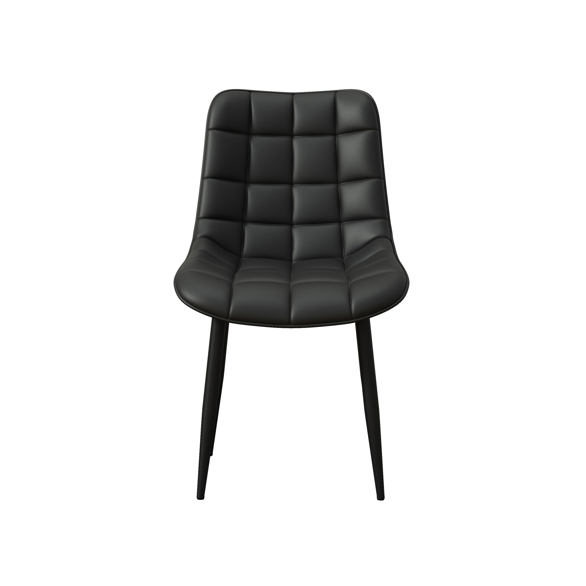 Black tufted leather chair with black legs on a plain white background.