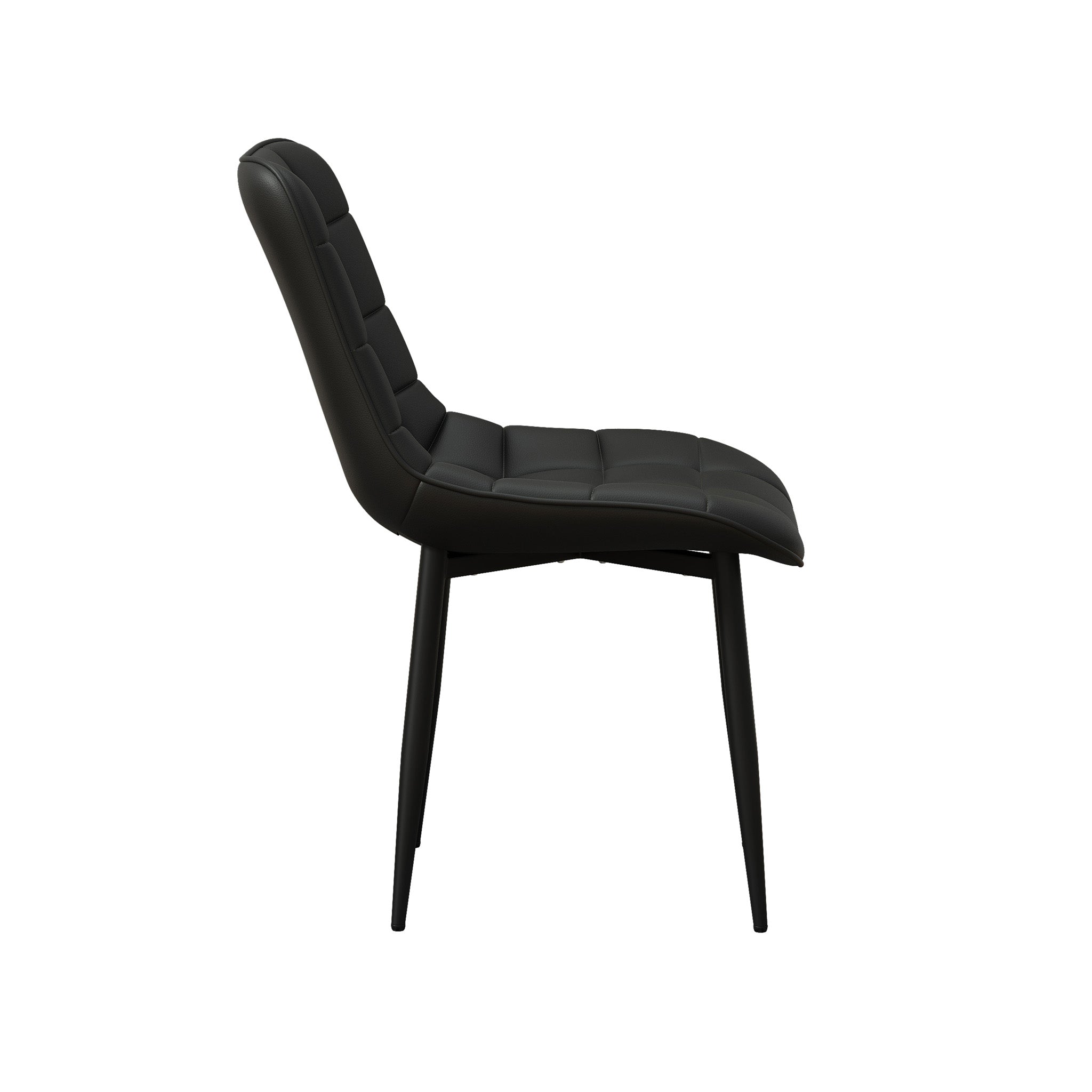 Black tufted leather chair with black legs, side view, on a plain white background.