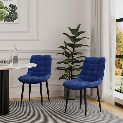 Two blue velvet chairs with black legs, featuring a tufted, grid-patterned design, placed in a room with a white wall, plant, and window view.