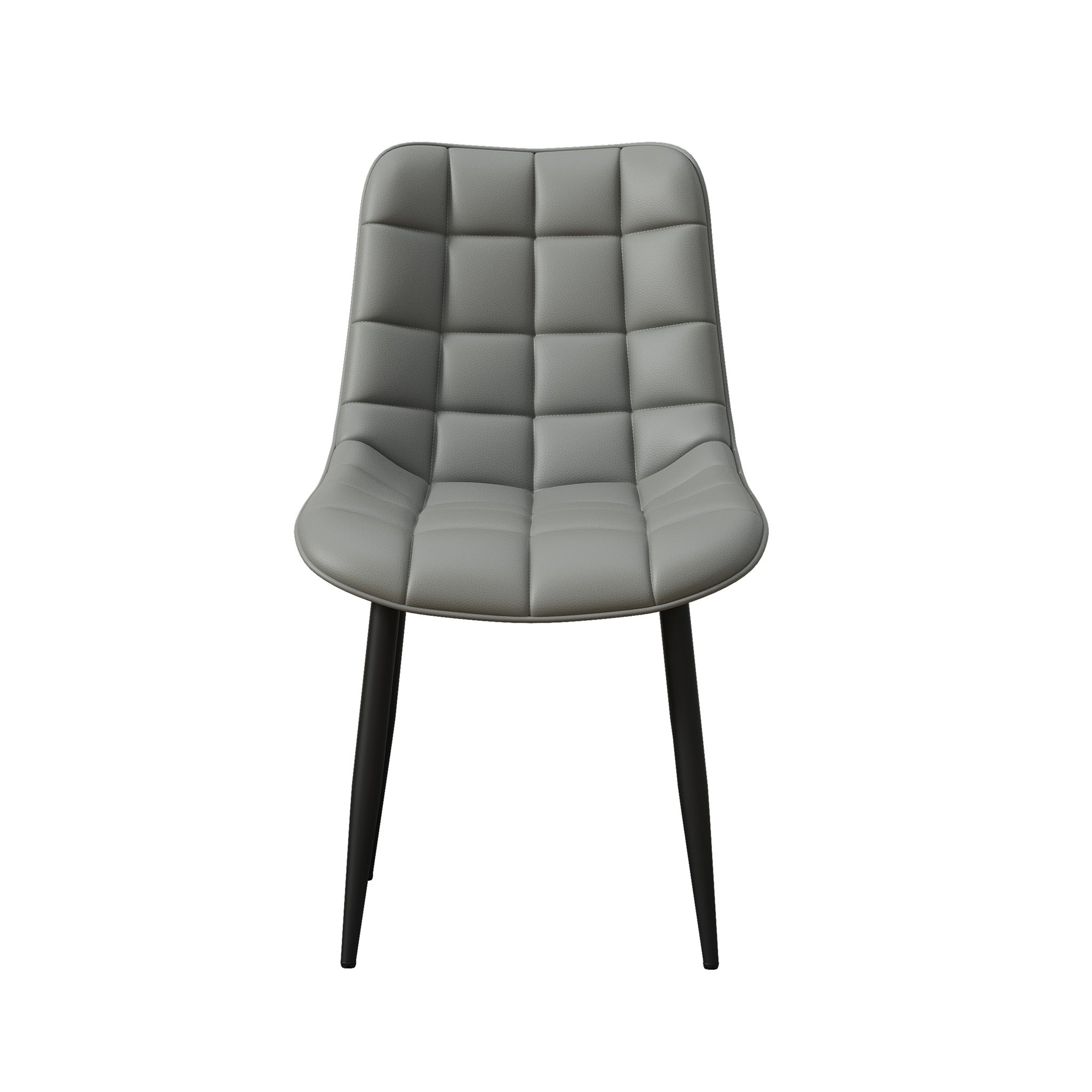 Grey tufted leather chair with black legs on a plain white background.