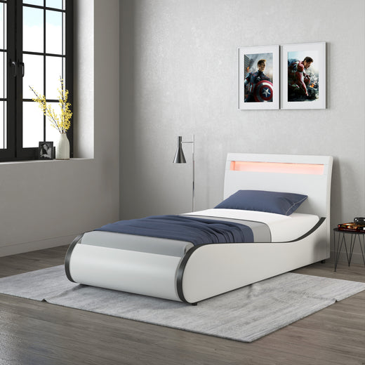 Orion White Faux Leather LED Headboard Bed Frame