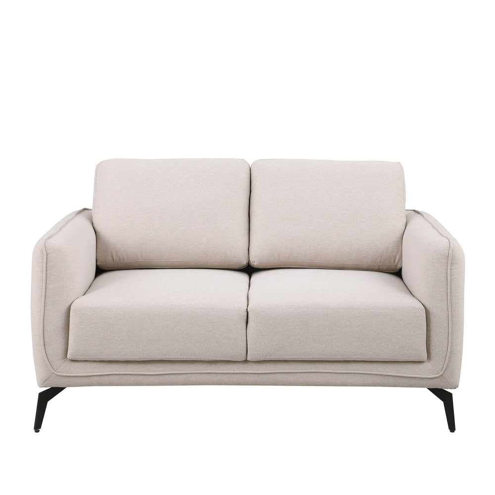 Beige fabric sofa with black legs set against a plain white backdrop.