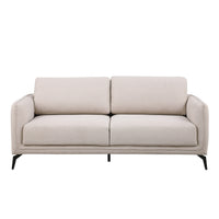 Beige fabric sofa with black legs set against a plain white backdrop.