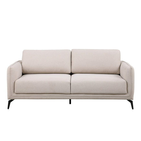 Beige fabric sofa with black legs set against a plain white backdrop.