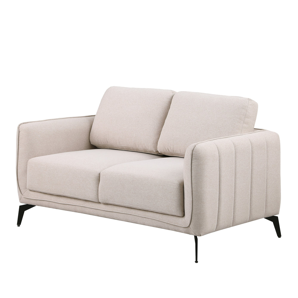Beige fabric sofa with black legs set against a plain white backdrop. The armrest features vertical stitching details.