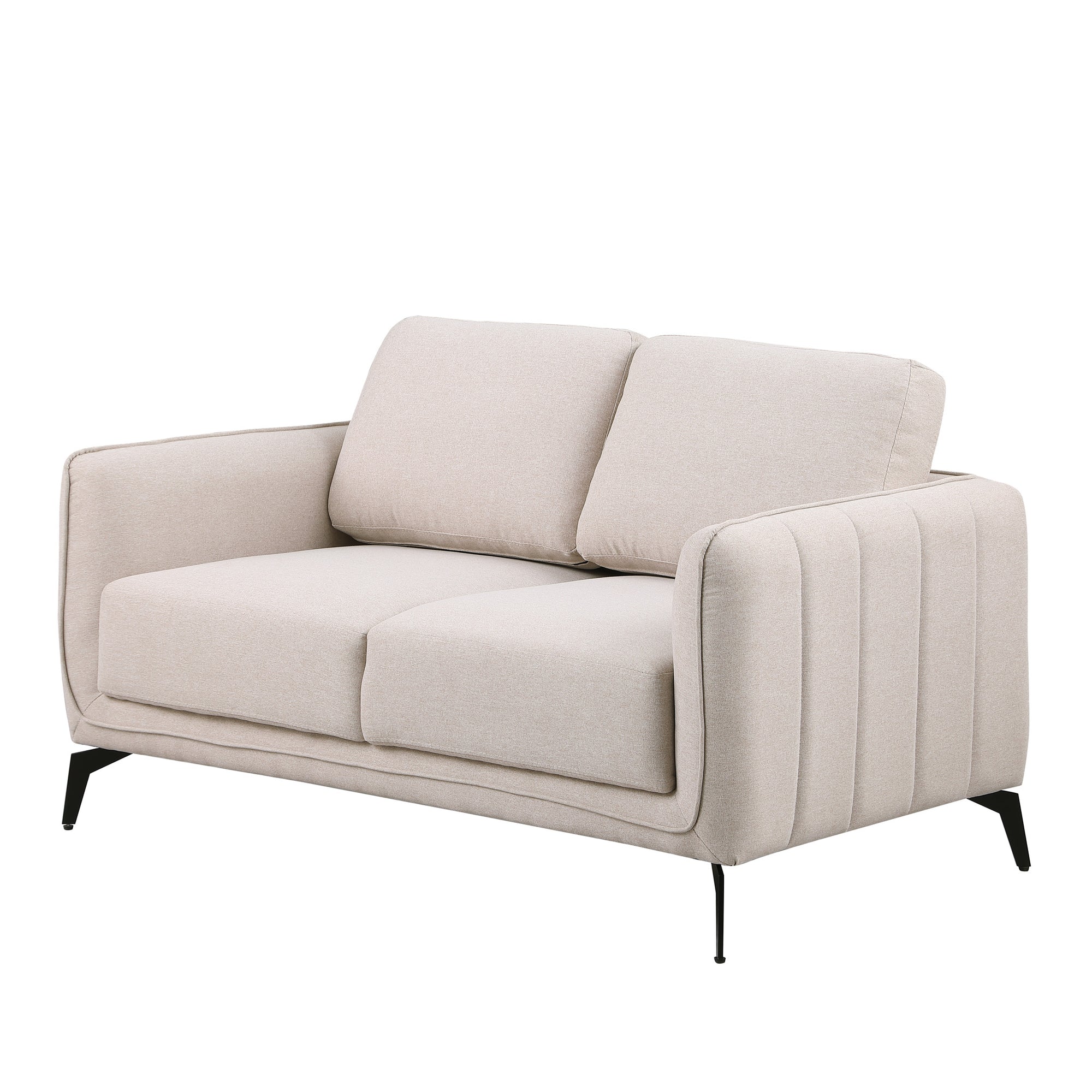 Beige fabric sofa with black legs set against a plain white backdrop. The armrest features vertical stitching details.
