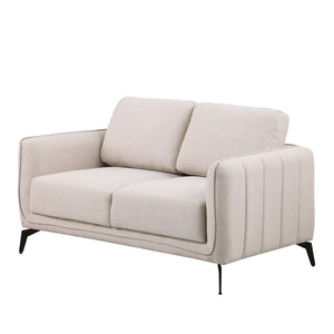 Beige fabric sofa with black legs set against a plain white backdrop. The armrest features vertical stitching details.
