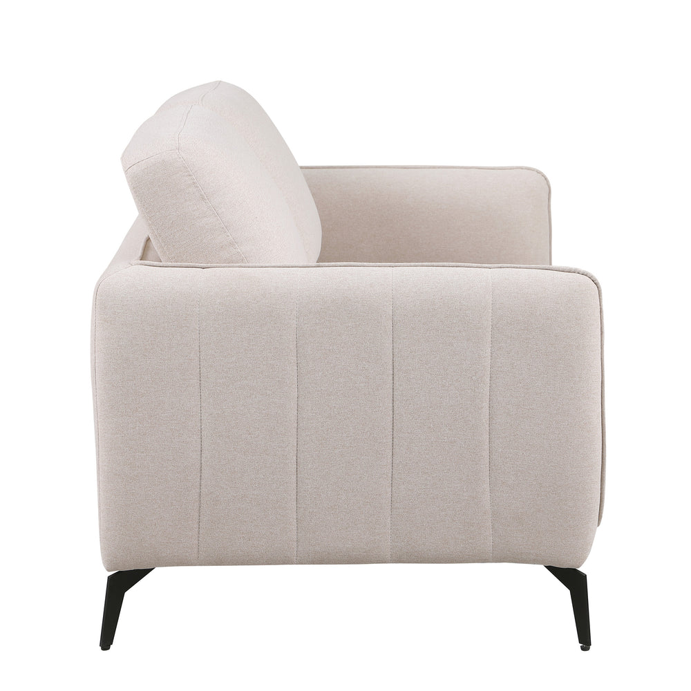 Side view of a beige fabric sofa with black legs set against a white backdrop. The armrest features vertical stitching details.