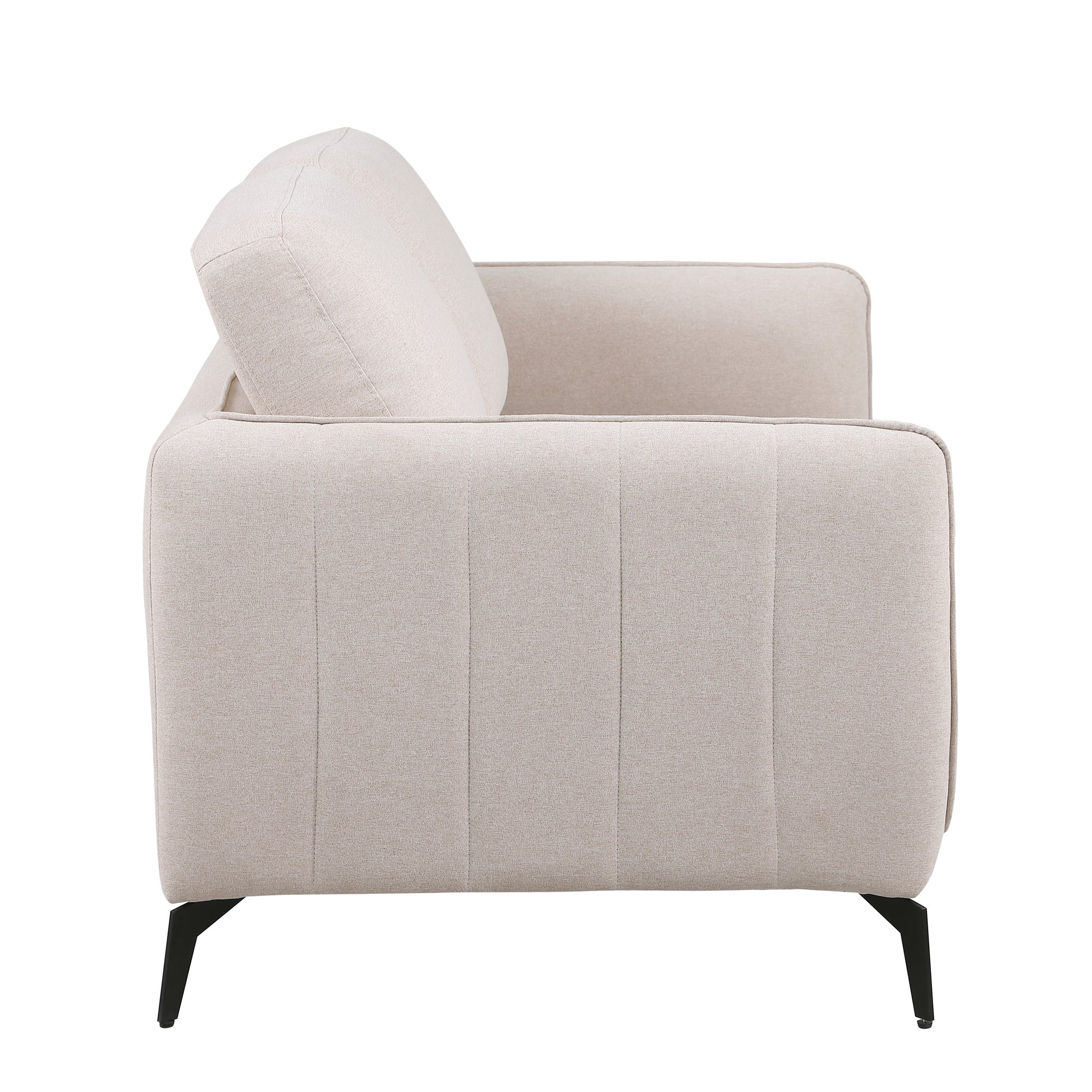 Side view of a beige fabric sofa with black legs set against a white backdrop. The armrest features vertical stitching details.