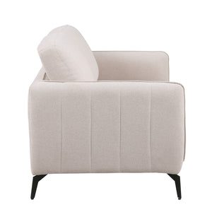 Side view of a beige fabric sofa with black legs set against a white backdrop. The armrest features vertical stitching details.